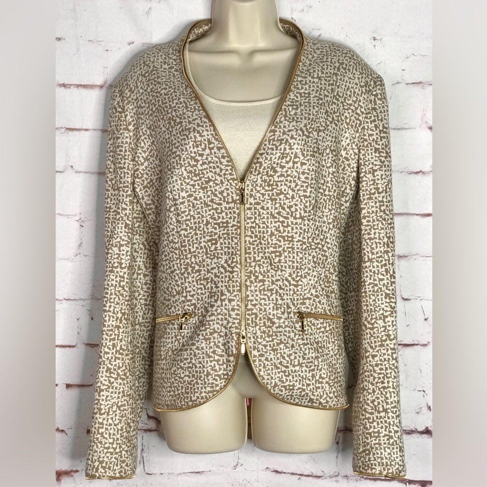ESCADA M Tan & Cream print Gold Zipper detail Moto vibe Size EU 44 jacket blazer - Picture 15 of 15